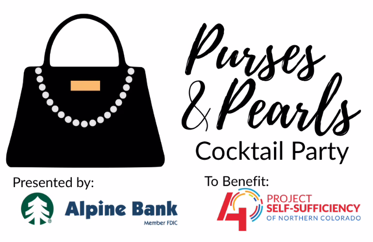 Graphic for "Purses & Pearls Cocktail Party," with a black purse and pearls. Presented by Alpine Bank. To benefit Project Self-Sufficiency of Northern Colorado.