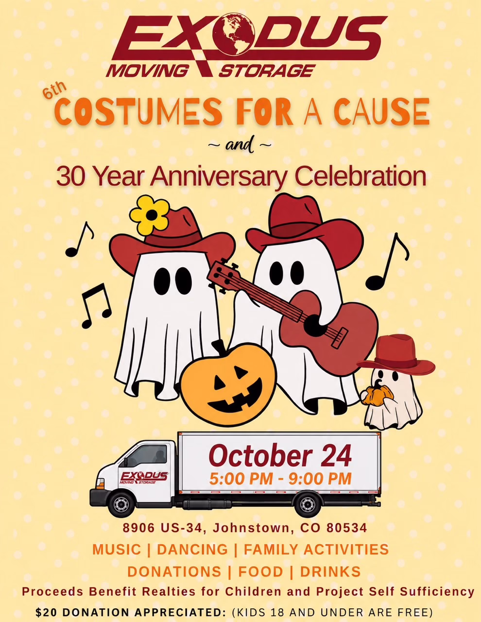 Flyer for Exodus Moving Storage’s “Costumes for a Cause” event on October 24, featuring cartoon ghosts and pumpkins in costumes, music notes, and event details in orange and yellow text.