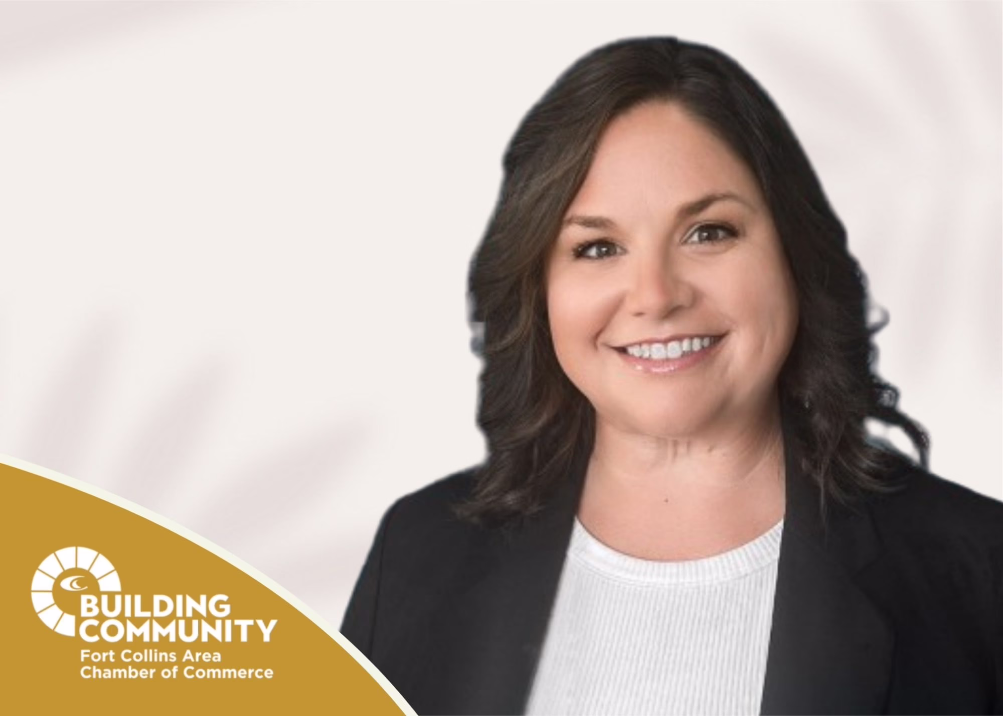 A smiling woman with curly hair wearing a floral dress and green belt leans on a wooden railing. The "Building Community Fort Collins Area Chamber of Commerce" logo appears in the bottom left corner.