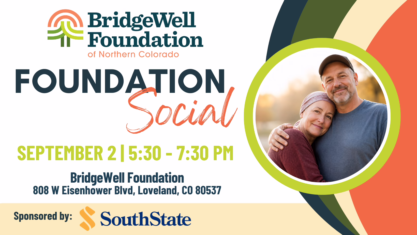 BridgeWell Foundation Social event flyer with event details, sponsor logo, and a photo of a smiling older couple embracing outdoors. Colorful curved lines decorate the sides.