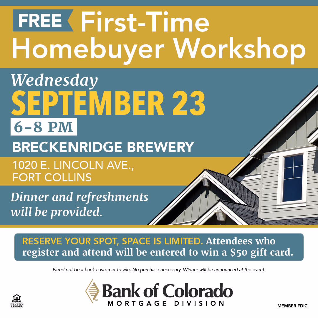 Flyer for a free First-Time Homebuyer Workshop on September 23, 6–8 PM at Breckenridge Brewery in Fort Collins. Dinner, refreshments, and a chance to win a $50 gift card are offered. Hosted by Bank of Colorado.