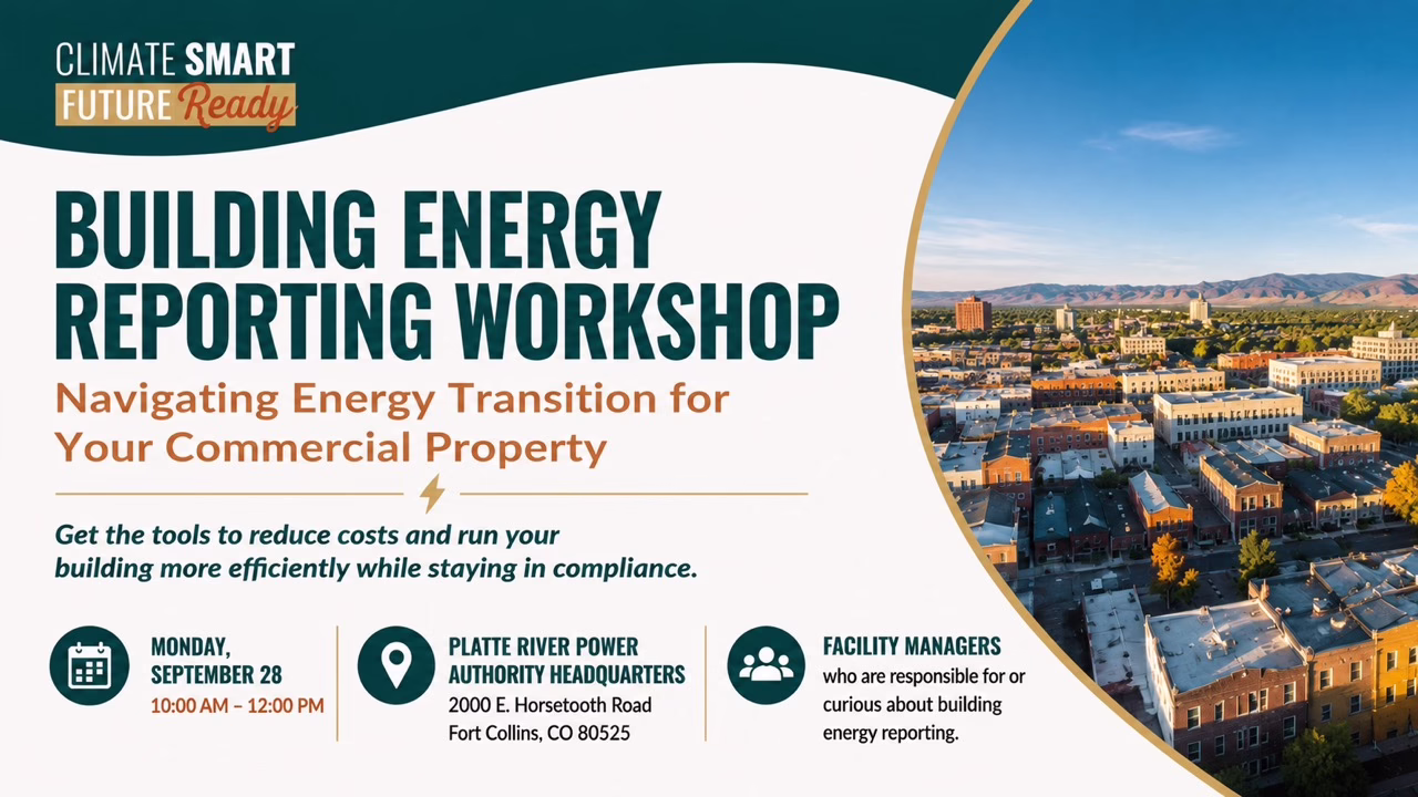 Banner for “Building Energy Reporting Workshop” with event details, date, location, and audience. Background shows an aerial view of a city with mountains and a blue sky. Text includes tips for managing building energy costs.