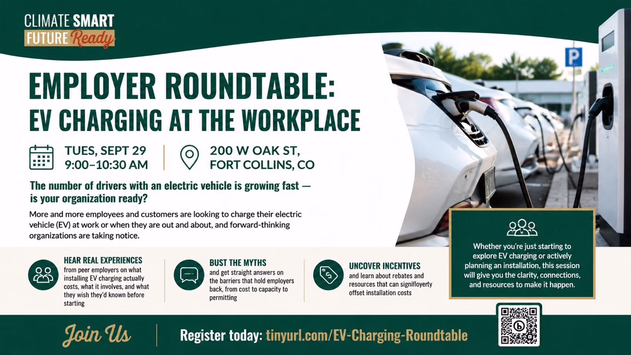 Event flyer for an employer roundtable on EV charging at work, with event info, benefits, and registration link, plus an image of electric cars charging at a station.