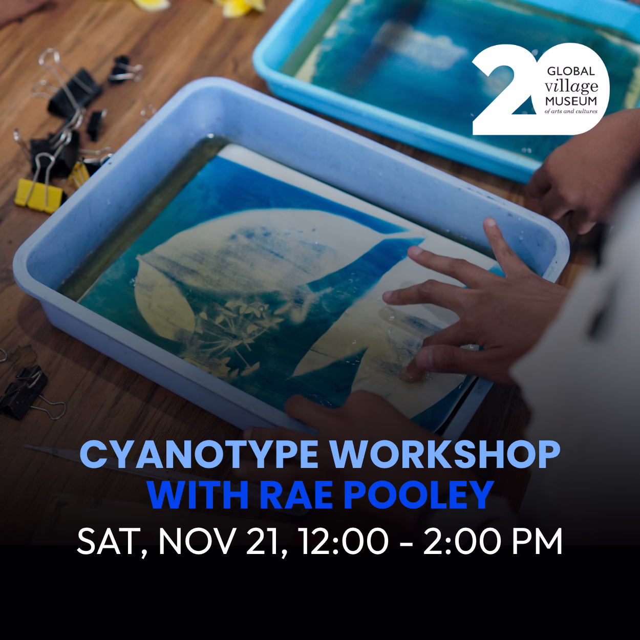 Hands submerge a cyanotype print in a tray of water on a table with binders and tools. Text details a cyanotype workshop with Rae Pooley at the Global Village Museum on Sat, Nov 21, 12:00–2:00 PM.