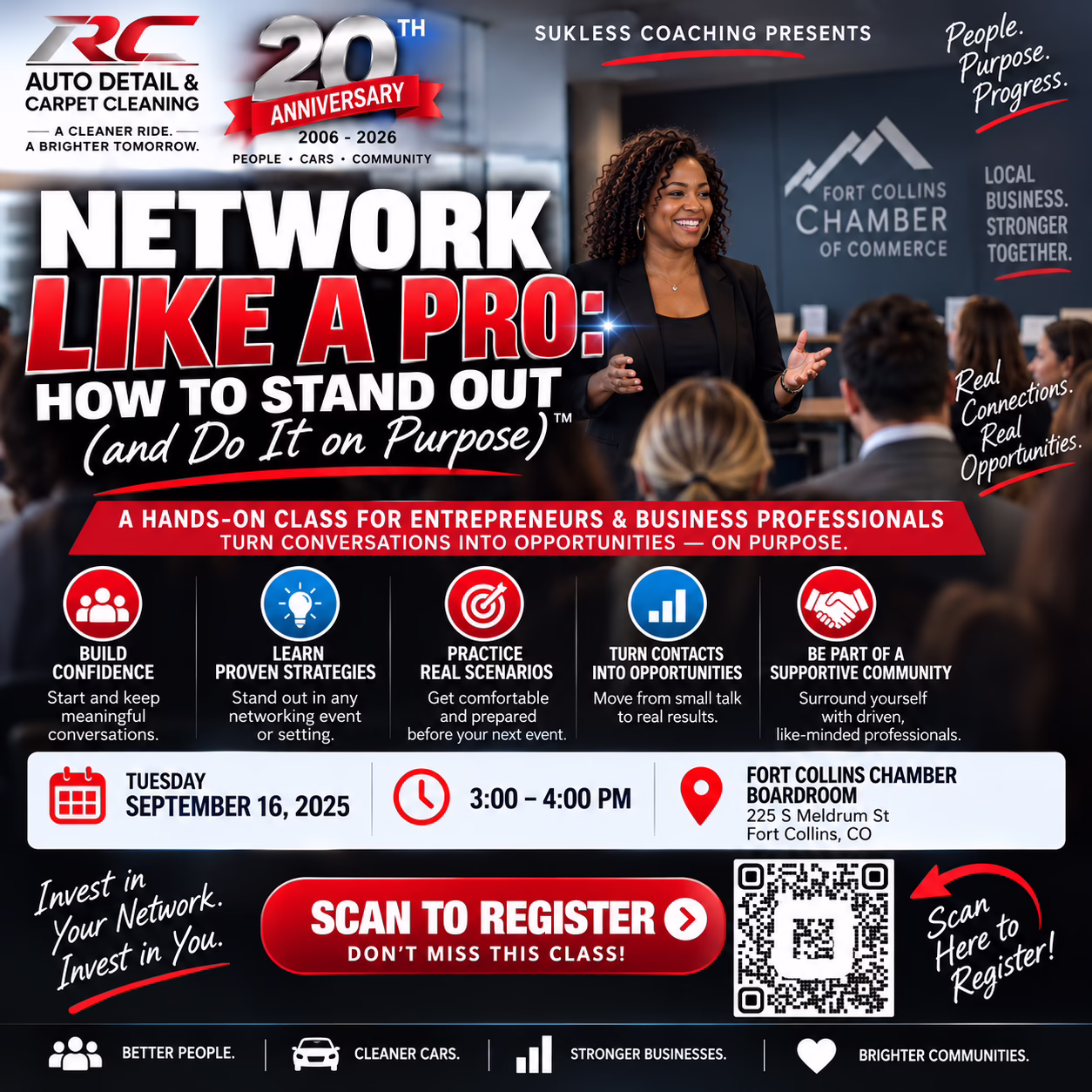 A smiling woman speaks at a business event. Text promotes a “Network Like a Pro” seminar for professionals on September 16, 2025, at the Fort Collins Chamber. RSVP details and workshop topics are shown.