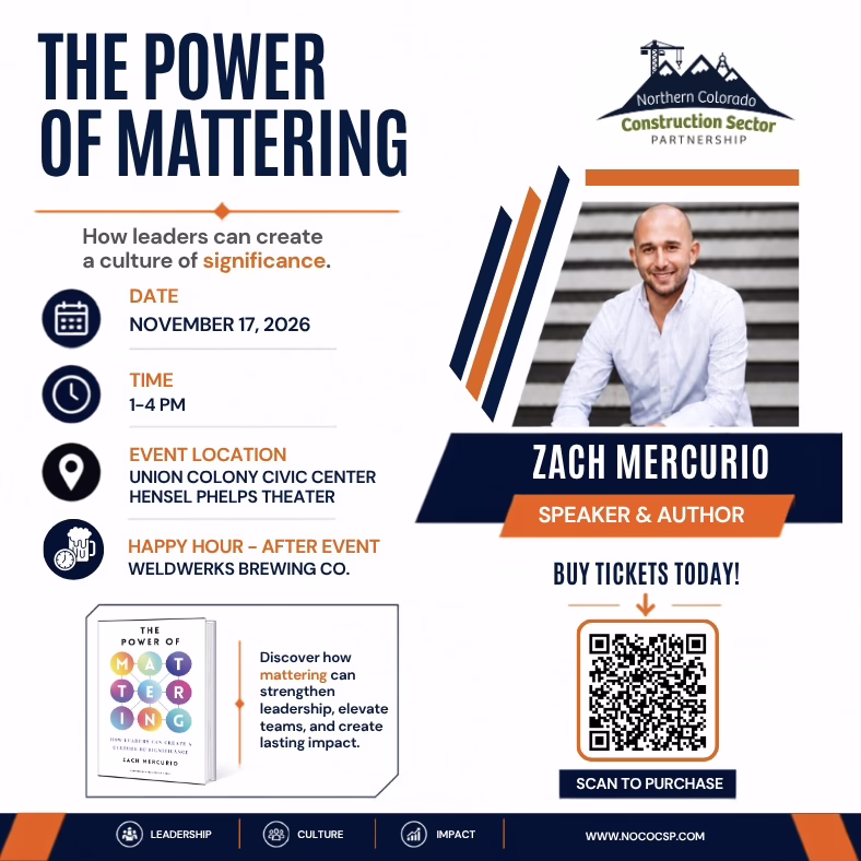 Event flyer for “The Power of Mattering” on November 17, 2026, featuring speaker Zach Mercurio, location details, and a QR code to purchase tickets.