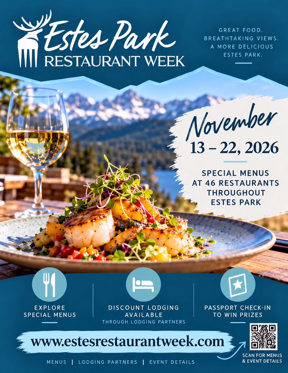 Poster for Estes Park Restaurant Week, November 13–22, 2026, featuring a plate of seared scallops, a wine glass, mountain scenery, and a QR code for menu and event details at www.estesrestaurantweek.com.