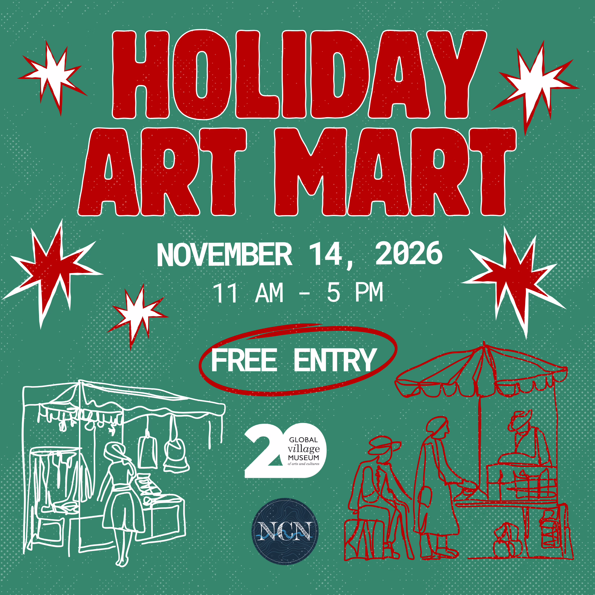 Poster for the Holiday Art Mart on November 14, 2026, from 11 am to 5 pm, featuring free entry and the Global Village Museum logo.