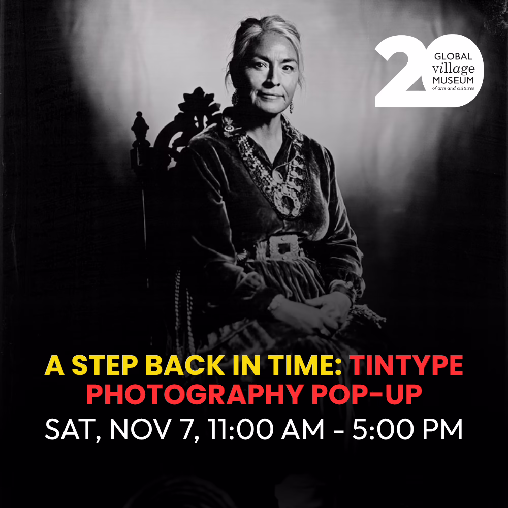 Portrait of a woman in vintage attire for a Global Village Museum tintype photography pop-up event on Saturday, November 7, from 11:00 AM to 5:00 PM.