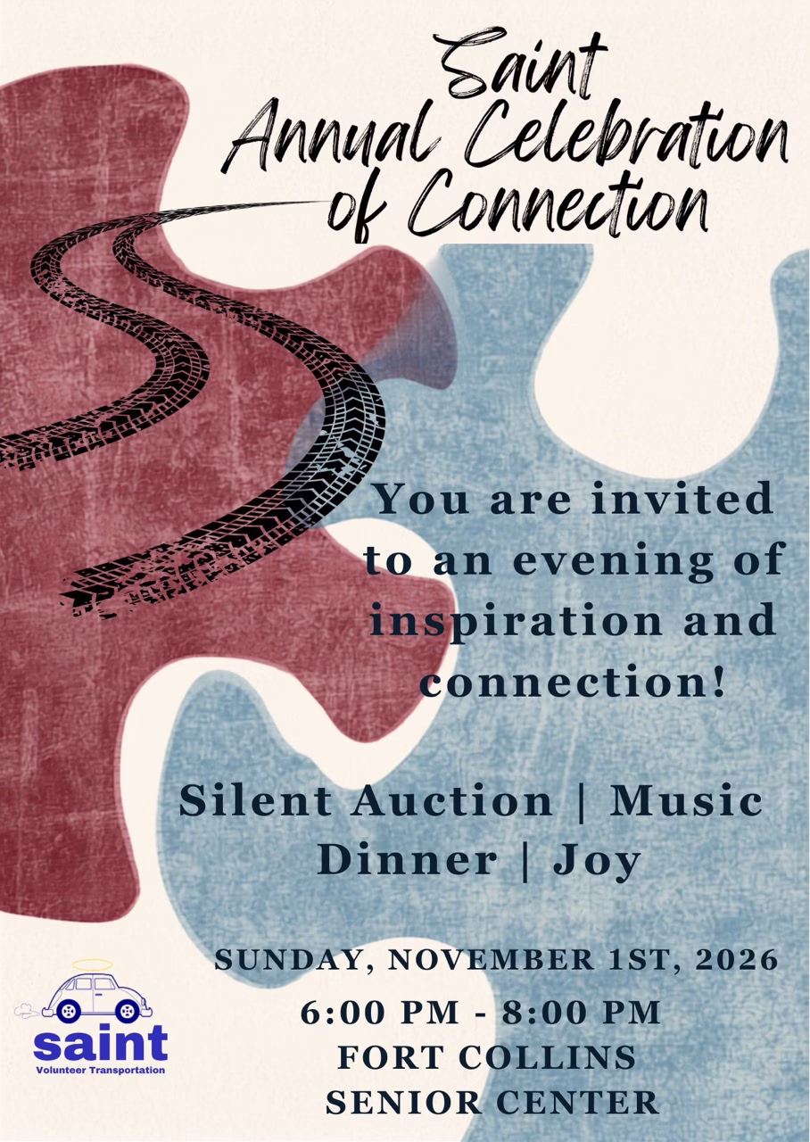 Event flyer for the Saint Annual Celebration of Connection on Sunday, November 1st, 2026, from 6:00 PM to 8:00 PM at the Fort Collins Senior Center, featuring a silent auction, music, and dinner.